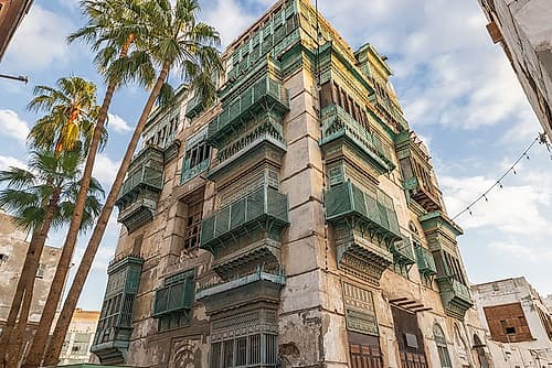 Saudi Arabia, Mecca, Jeddah, Al-Balad.Hijazi tower house with wooden Roshan windows and balconies. Nature Print